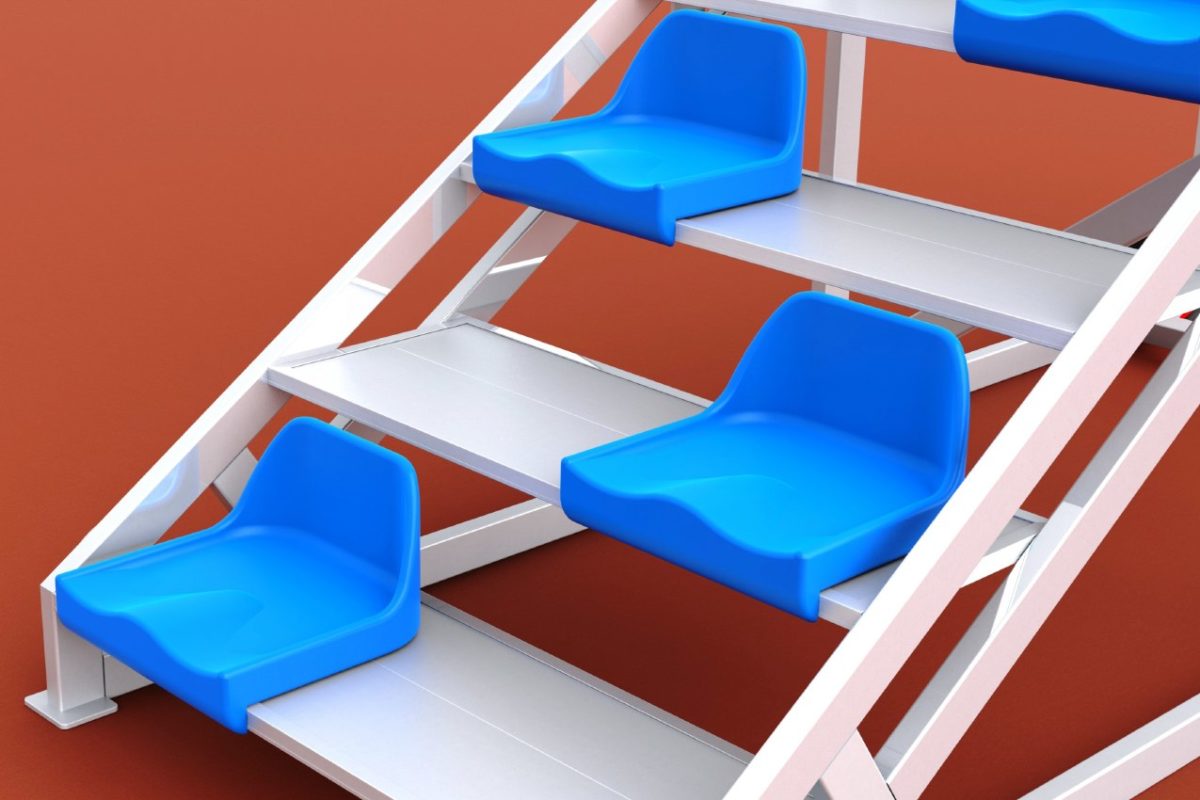 Zielrichtertreppe aus Aluminium für 6 Personen mit Sitzschalen von artec Sportgeräte