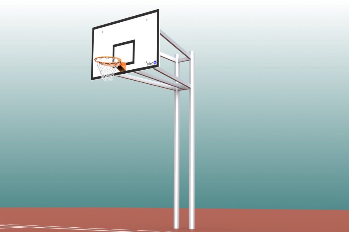 Basketball post made of aluminium, two-mast, projection: 1.65 m, profile: 100 x 120 mm, TÜV-tested by artec Sportgeräte