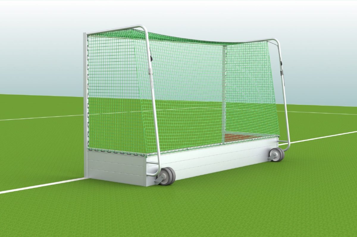 Hockey goal made of aluminum, milled net suspension and net security system, transport wheels, wooden core in the posts, colour: natural aluminum