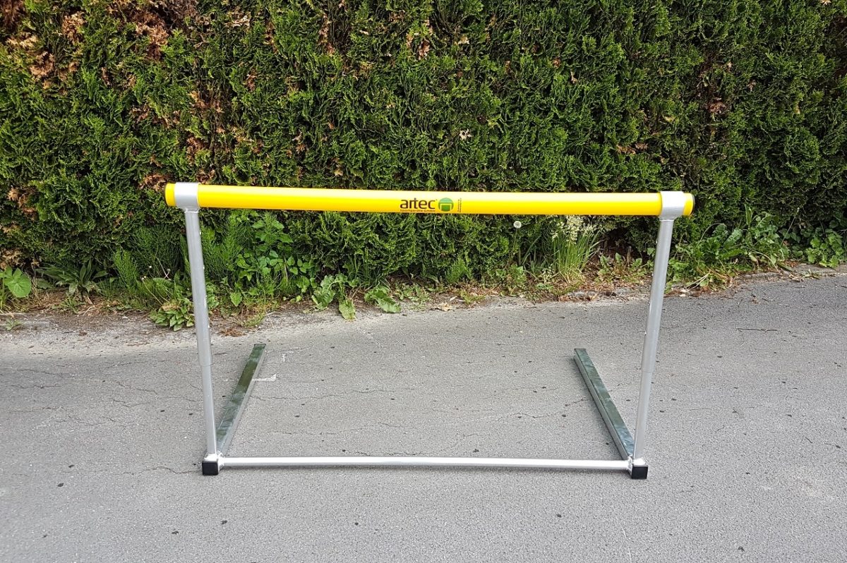 Hurdle for training and school sports, height adjustable with clip system, hurdle bar made of plastic tube from artec
